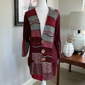 German Made Red Gray Cardigan Sweater Artsy Cotton Blend Large